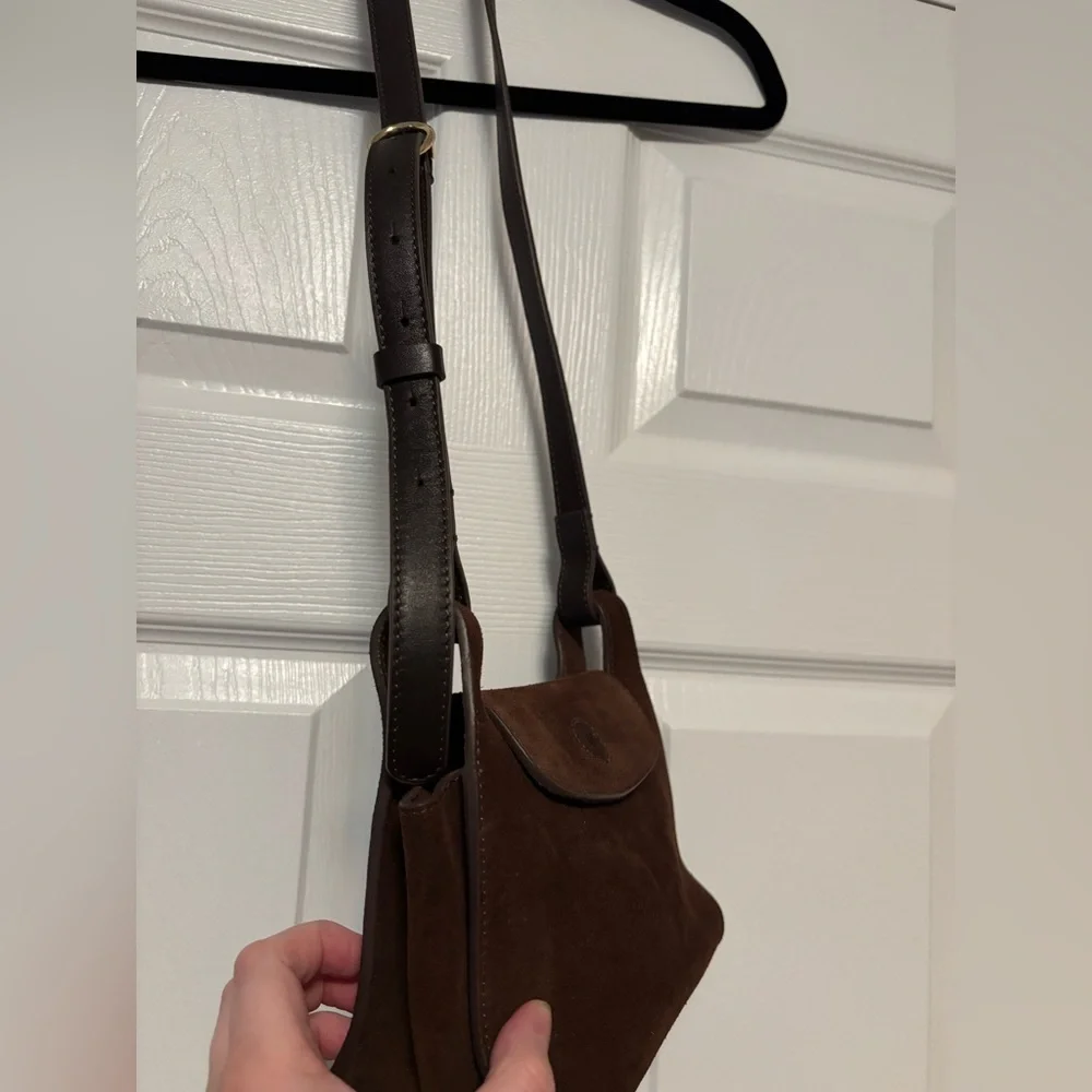 Cuyana Mini Double Loop Suede Crossbody Bag Chocolate Brown - Picture 4 of 12